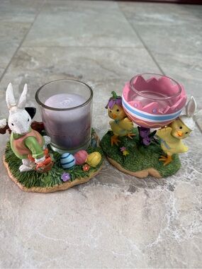 Vintage Yankee Candle White Easter Bunny and Yellow Chick Votive Candle Holders